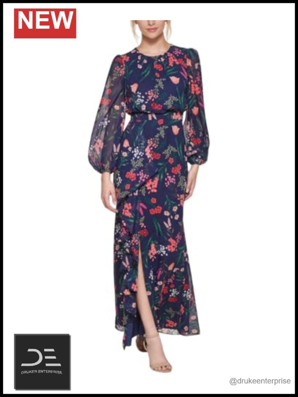 Balloon Sleeve High Neck Cascade Maxi Dress